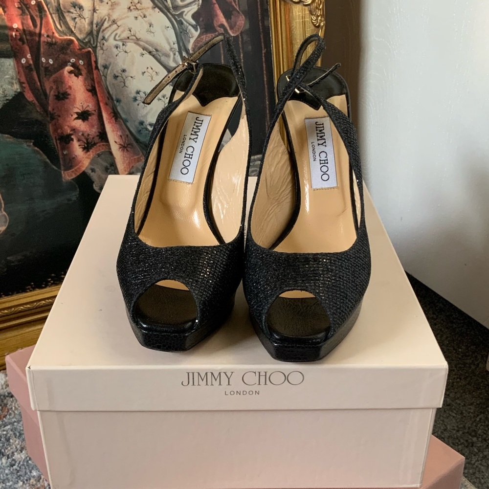 Authentic Jimmy Choo ✨Nova✨slingback black glitter peeptoe slingback party heels